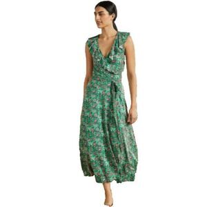 Boden Womens Wrap Dress UK 20 US 16 18 Green Floral Midi Ruffle Vneck D0174 NWT